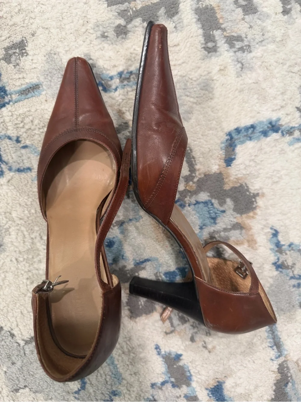 Brown Pointed-Toe Leather Heels with Ankle Strap